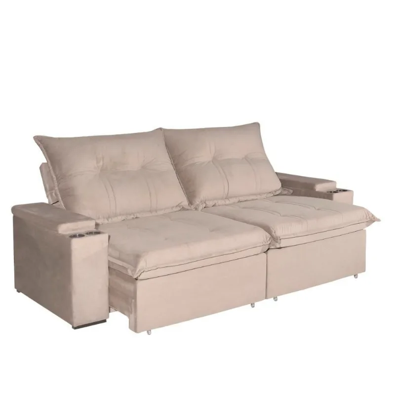Sofá com Chaise Ravi 4 Lugares Retrátil e Reclinável 250CM Bege Veludo Luxo