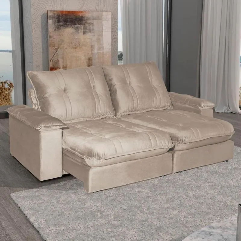 Sofá Zyan 3 Lugares Retrátil E Reclinável 210cm Bege Veludo Luxo