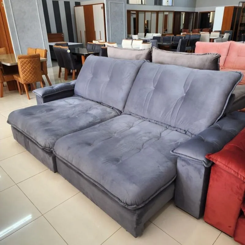 Sofá Com Chaise Zyan 4 Lugares Retrátil E Reclinável 250cm Cinza Veludo Bom Pastor Móveis