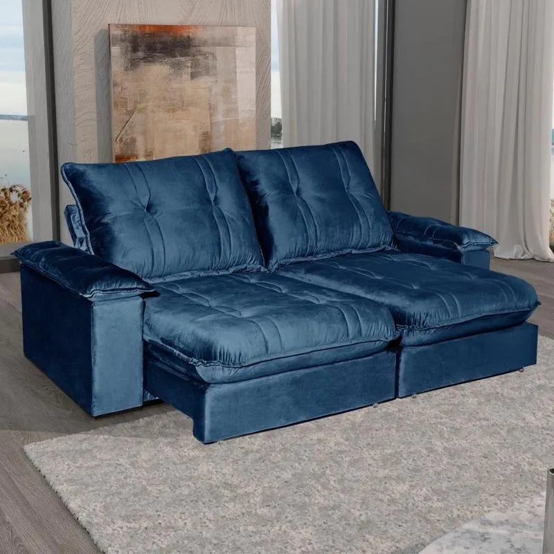 Sofá Com Chaise Zyan 4 Lugares Retrátil E Reclinável 250cm Azul Veludo Bom Pastor Móveis