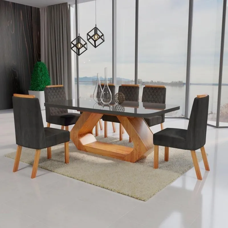 Sala De Jantar Lottus 6 Cadeiras Tampo Mdf E Vidro Base Naturale Grafite Cinza