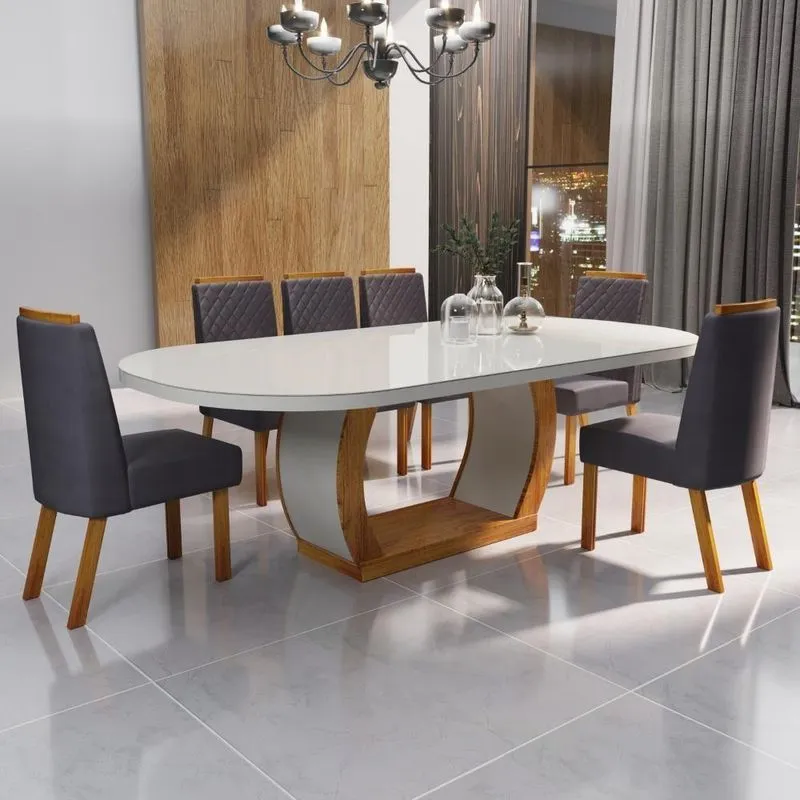 Sala De Jantar Mel 6 Lugares Tampo Mdf Com Vidro Off-white Cadeiras Cinza