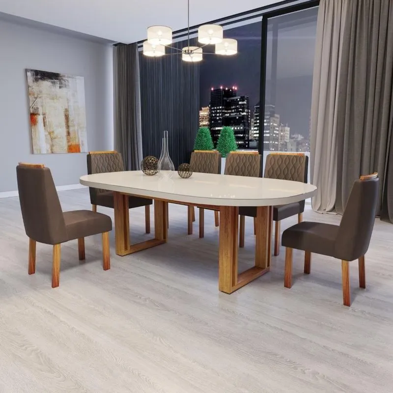 Sala De Jantar Karen 6 Lugares Tampo Em Mdf Com Vidro Off-white Cadeiras Marrom Bom Pastor Móveis