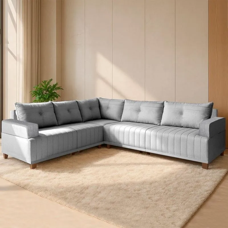 Sofá De Canto Leona Luxo 5 Lugares Fixo 257cm Cinza Linho
