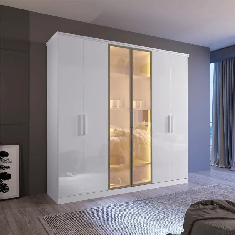 Guarda Roupa Casal Puma Reflecta 6 Portas 4 Gavetas MDF com LED Branco Bom Pastor Móveis 207cm