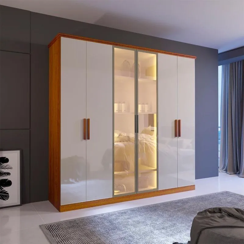 Guarda Roupa Casal Puma Reflecta 6 Portas 4 Gavetas MDF com LED Naturale-Off Bom Pastor Móveis 207cm
