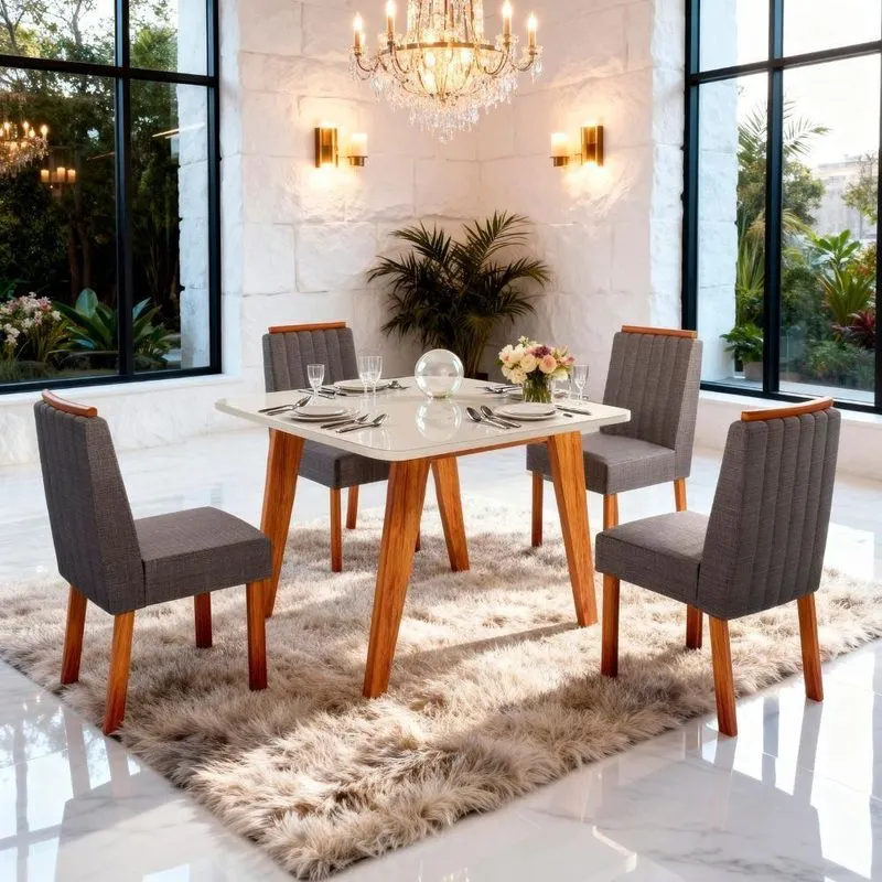 Conjunto Sala De Jantar Mavie 4 Lugares Tampo Em Vidro Off White 90cm Bom Pastor Móveis