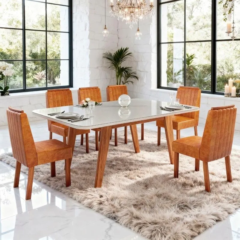 Sala De Jantar Mavie 6 Cadeiras Tampo Em Mdf Com Vidro Caramelo 180cm Bom Pastor Móveis
