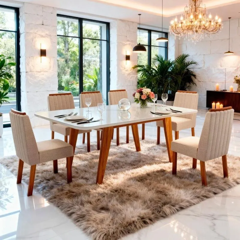 Conjunto Sala De Jantar Mavie 6 Lugares Tampo Mdf Com Vidro Off White 180cm Bom Pastor Móveis