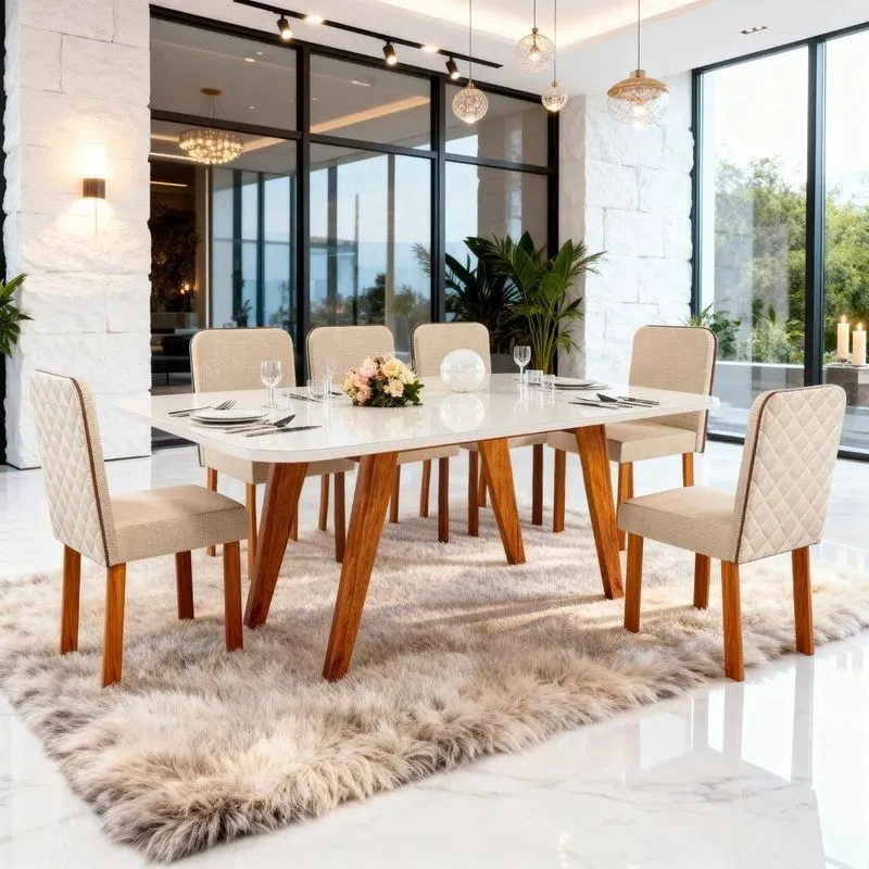 Conjunto Sala De Jantar Mavie 6 Lugares Tampo Mdf Com Vidro Off White 180cm Bom Pastor Móveis