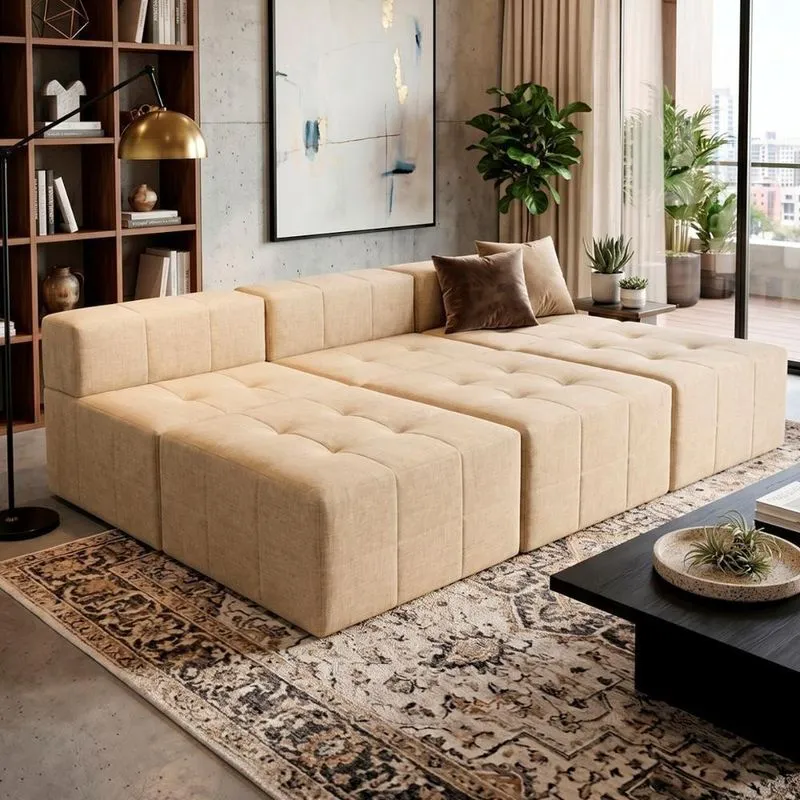 Sofá Modular Confort 5 Lugares Com Chaise 255cm Bege Linho
