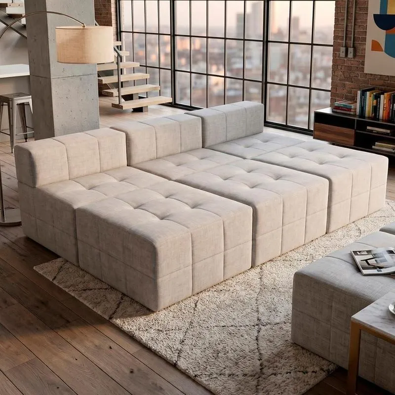 Sofá Modular Confort 5 Lugares Com Chaise 255cm Cinza Linho