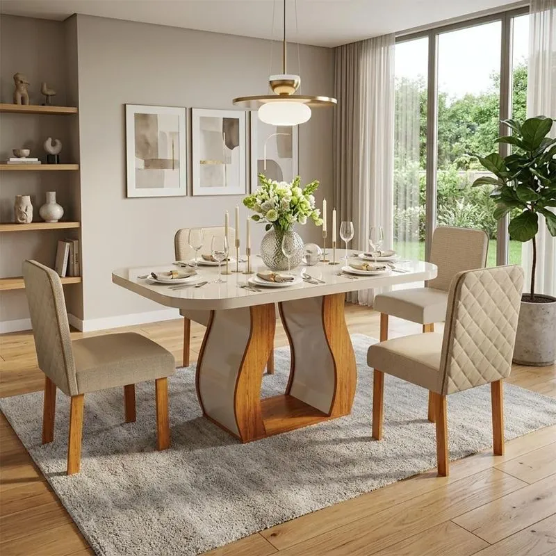 Conjunto Sala de Jantar Ibiza 4 Lugares Tampo MDF com Vidro Bege 130CM Bom Pastor Móveis