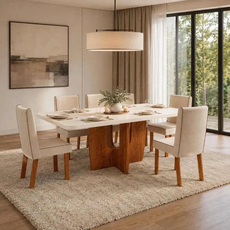 Conjunto De Jantar Vitta 6 Lugares Tampo Mdf Cadeiras Veludo Bege 180cm Bom Pastor Móveis