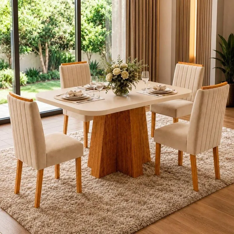 Conjunto De Jantar Iris 4 Lugares Tampo Mdf Off-white Cadeiras Eva Bege 130cm Bom Pastor Móveis