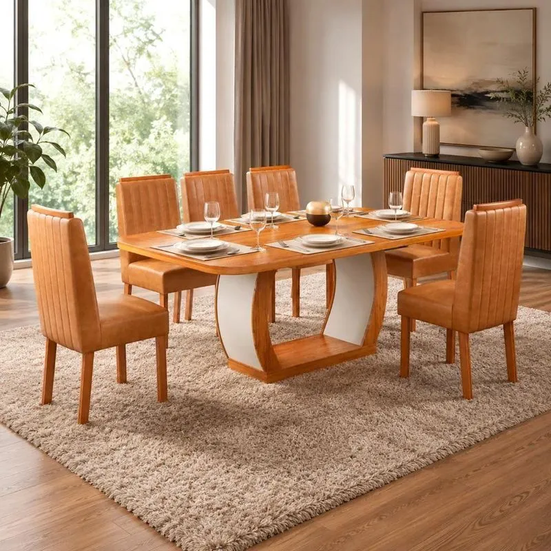 Conjunto De Jantar Olimpia 6 Cadeiras Tampo Mdf Off-white E Caramelo 180cm Bom Pastor Móveis
