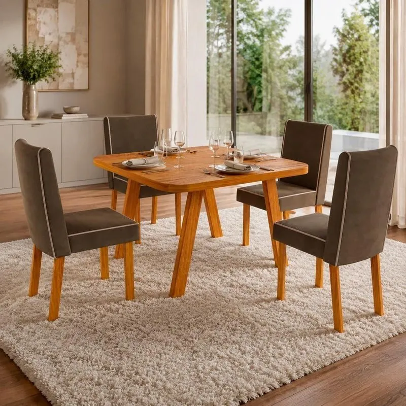 Conjunto De Jantar Bela 4 Cadeiras Tampo Em Mdf Marrom 90cm Bom Pastor Móveis