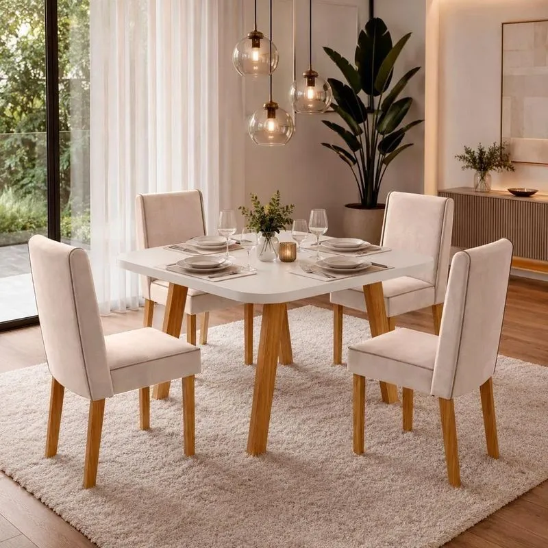 Conjunto De Jantar Bela Mesa Mdf 4 Cadeiras Veludo Bege 90cm Bom Pastor