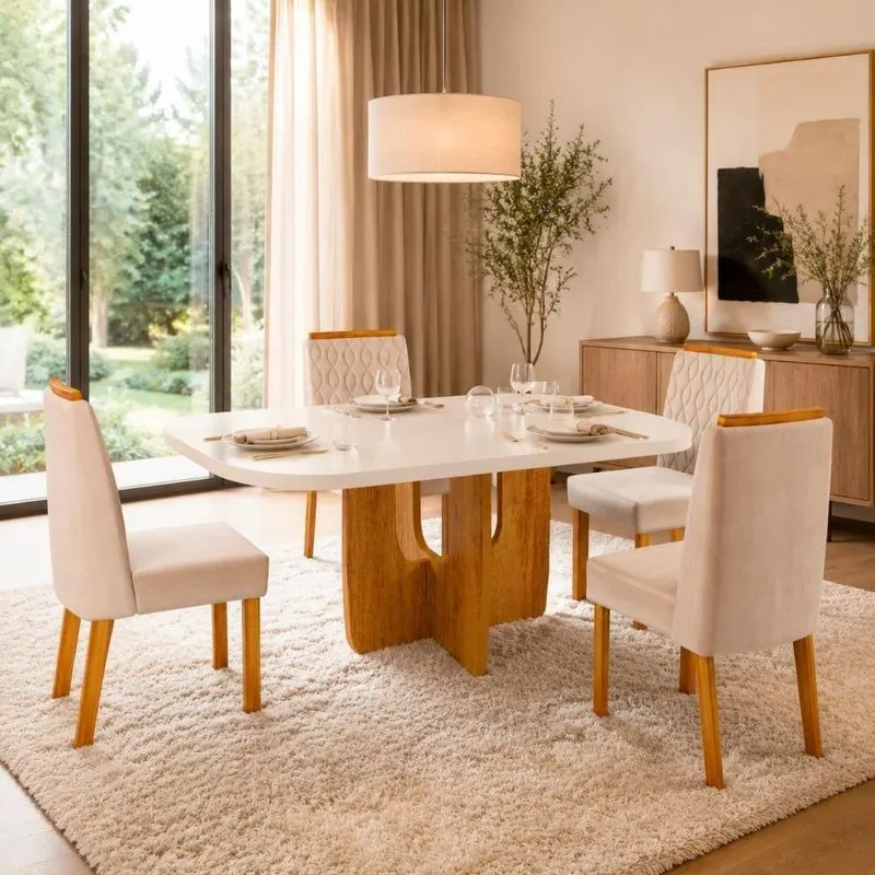 Conjunto de Jantar Olivia 4 Lugares Tampo MDF Cadeiras Bege 130CM Bom Pastor