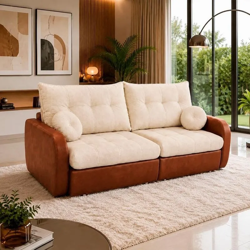 Sofá Cama Napoli 3 Lugares Retrátil 215cm Off White Linho Com Chaise