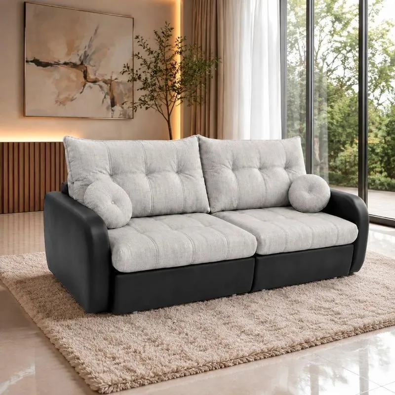 Sofá Cama Napoli 3 Lugares Retrátil 215cm Cinza Linho Com Preto Bom Pastor Móveis