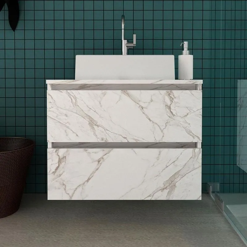 Gabinete Para Banheiro Suspenso Com Cuba T3k013 2 Gavetas 60cm Mármore Branco