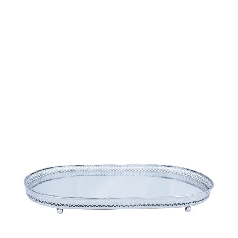 Bandeja Metal com Espelho Oval Flower Edge Prata Urban 40217