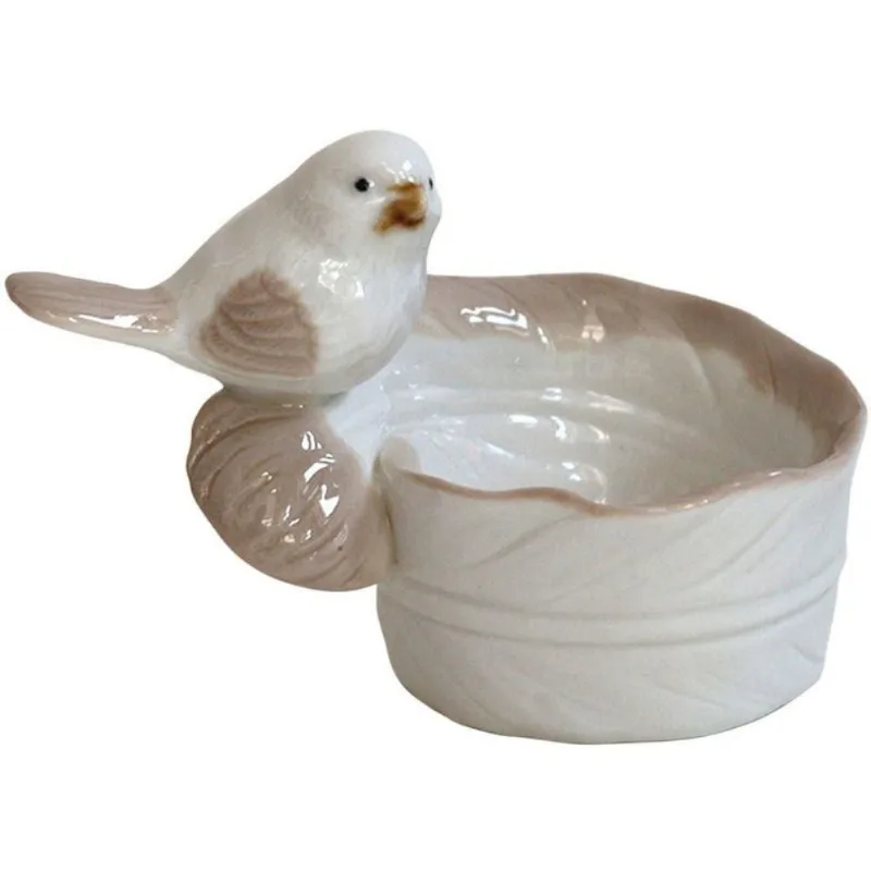 Pote Decorativo em Porcelana com Passarinho - Branco e Bege