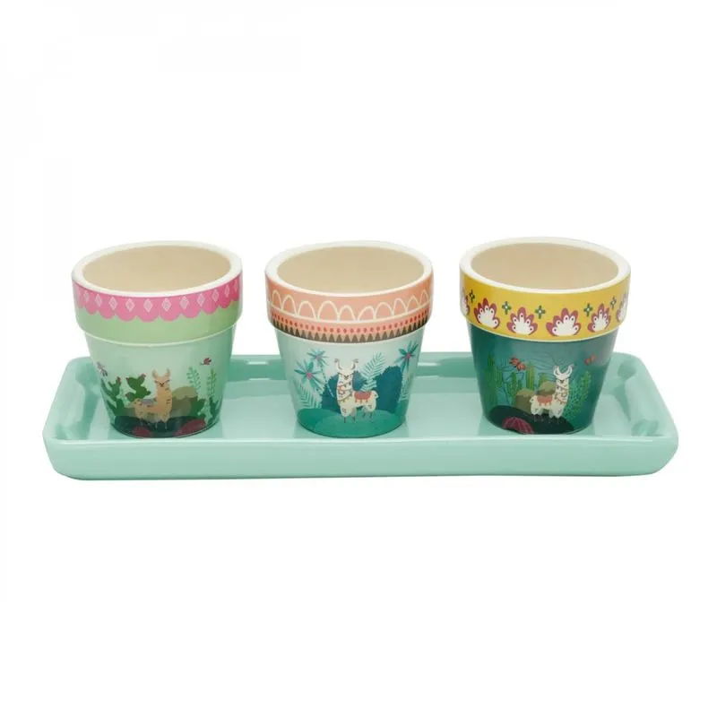 Conjunto de Bandeja e 4 Vasos em Cerâmica Mexican Lhamas 8,5cmx26,5cm Urban Colorido