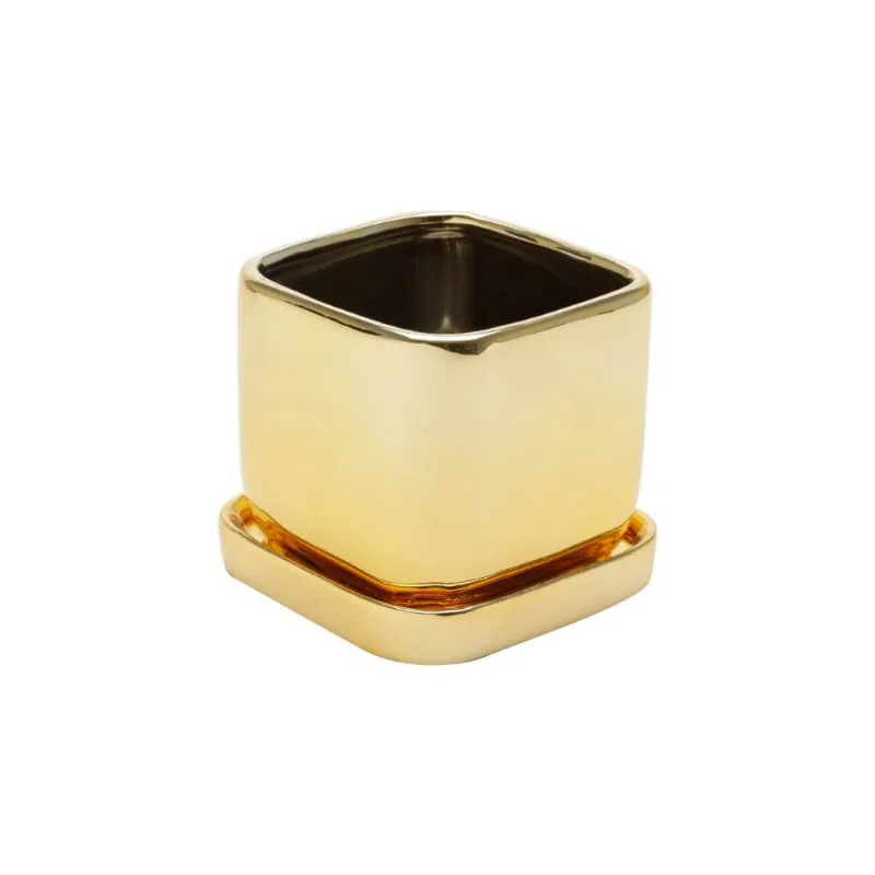Cachepot Cerâmica Shiny Square Dourado 9,5X9,5X8,5cm