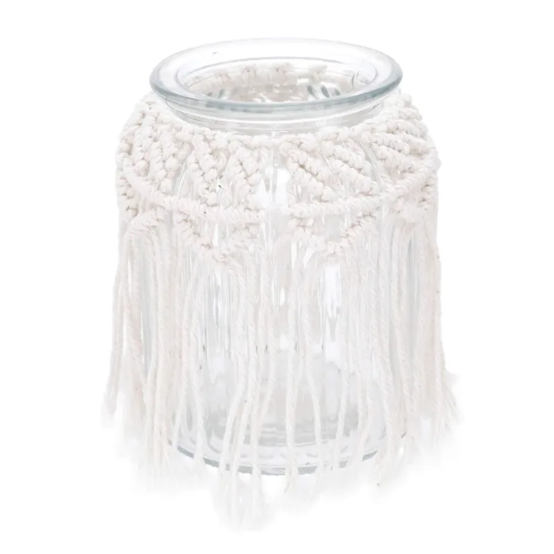 Pote Decorativo de Vidro com Franja de Macramê Pote Decorativo de Vidro com Franja de Macrame