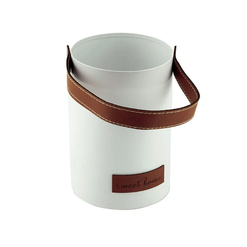Vaso Metal Leather Brown Belt Branco 10x25cm