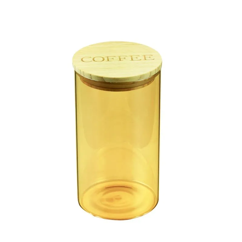 Pote Vidro Coffee Clear Âmbar Tampa Madeira 10x18,5cm Urban