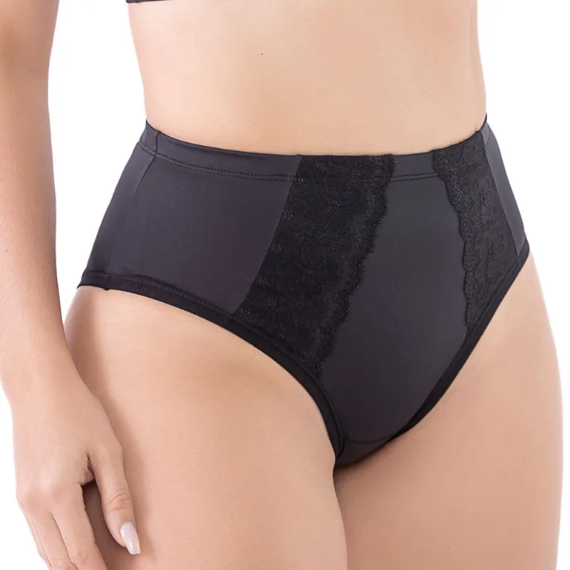 Calcinha Larga Em Soft Gun E Renda Preto