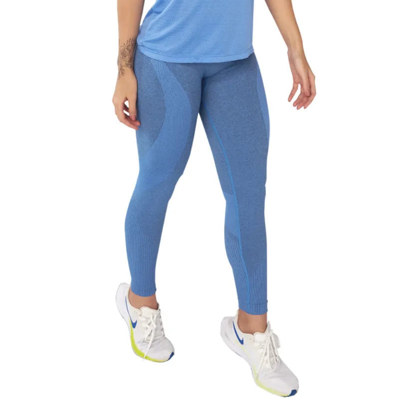 Calça Legging Fitness Sem Costura Canelada Nas Laterais Azul Celeste