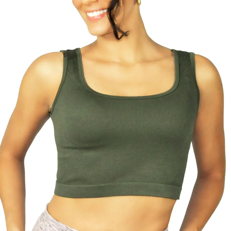 Cropped Teen Canelado Com Alças Largas Verde Militar