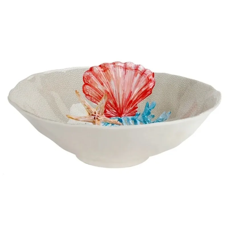 Bowl Saladeira De Melamina Bege C/desenho Marinho Concha Do Mar Rosé 3,3 Litros 30,5x10,5cm Entrecasa