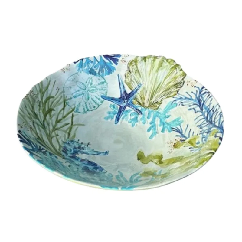 Bowl Saladeira De Melamina Verde C/estampa Marinho Concha Do Mar 30,5x10,5cm Entrecasa