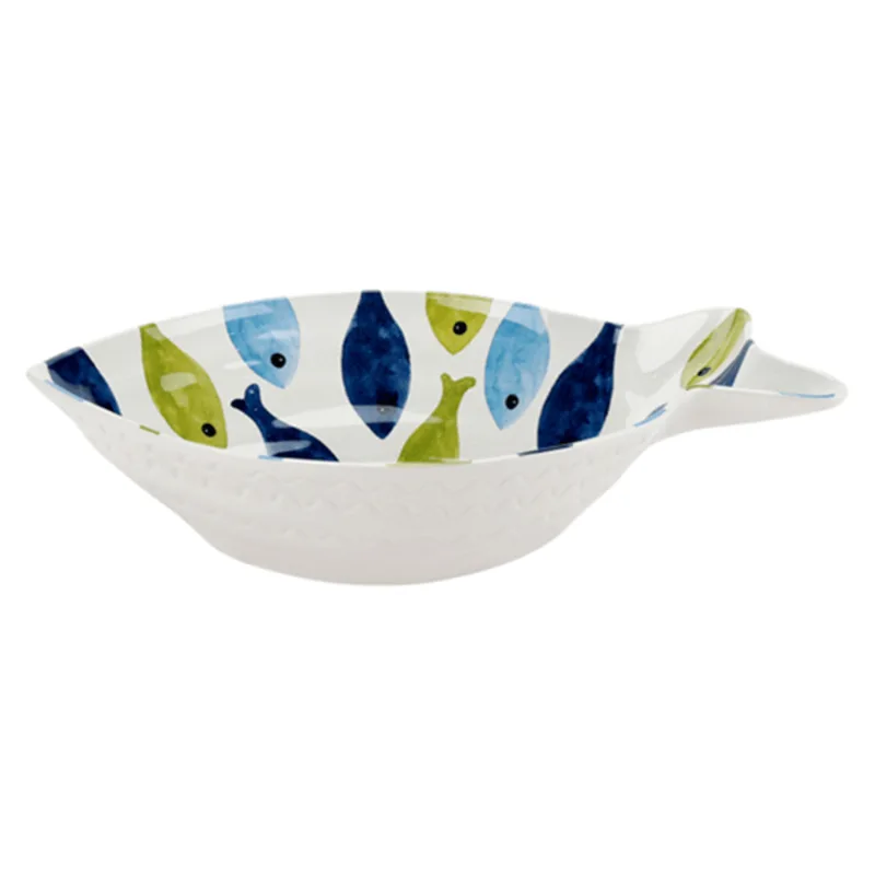 Bowl Saladeira De Melamina Branco C/Formato E Estampa De Peixes 35,5x24,5cm Entrecasa