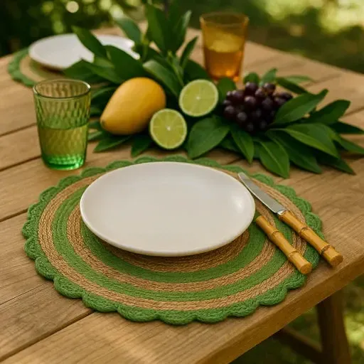 Jogo Americano Palha Cestaria Detalhe Croche Verde 34cm