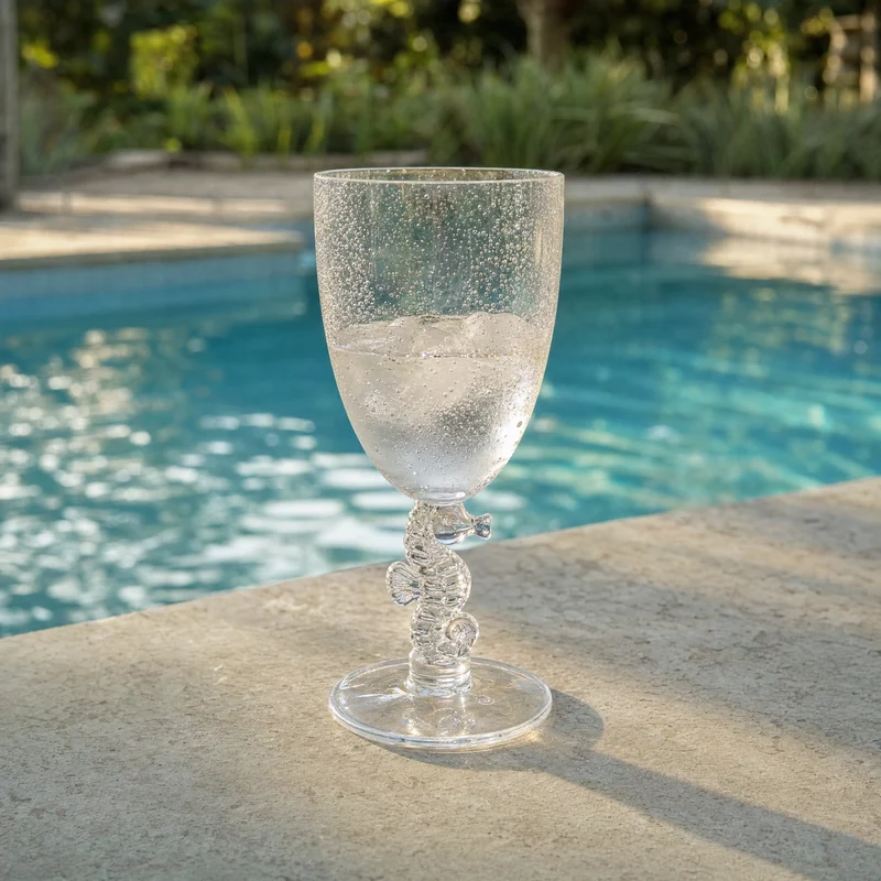 Taça Acrílico Detalhes Cavalo Marinho e Bolhas Transparente 350ml