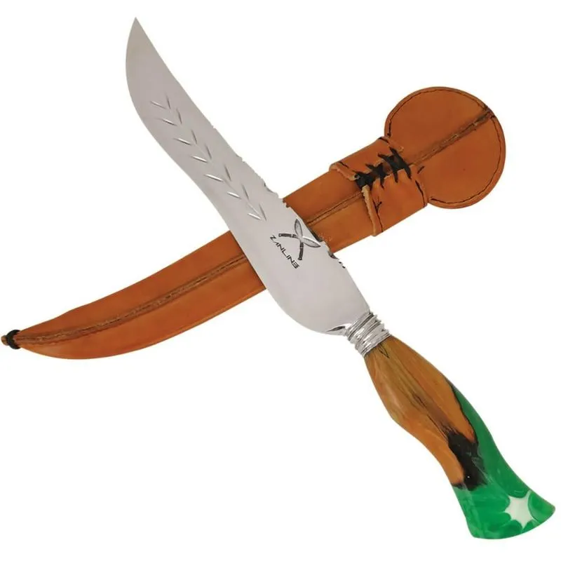 Faca Artesanal Forjada Integral Churrasco Pena Folha Inox 420c Cabo Híbrido Madeira e Resina Verde