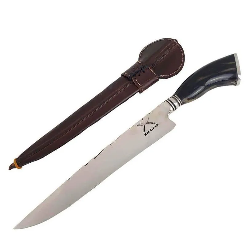 Faca Artesanal Forjada Integral Churrasco Pena Folha Aço Inox 420c Cabo Chifre de Búfalo