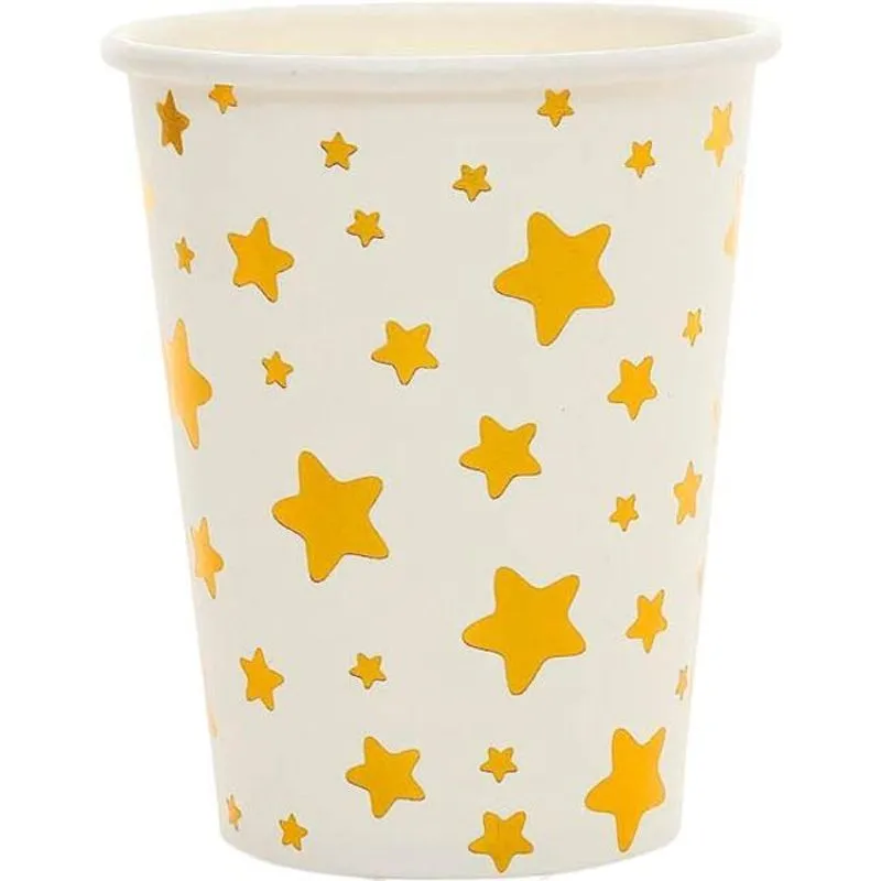 Kit 10 Copos 270ml Em Papel Branco Com Estrelas Douradas