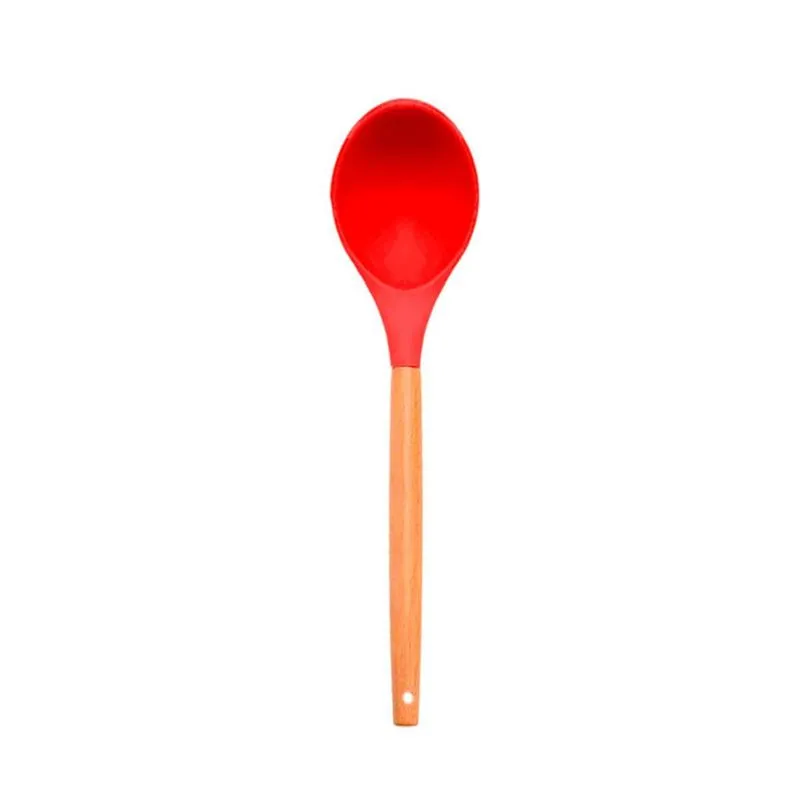 Colher De Silicone Com Cabo De Madeira Grande 32 Cm Vermelha