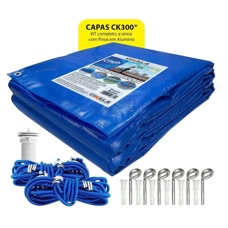 Capa De Piscina Azul Ck300 5X2 Ilhós A Cada Metro + Kit