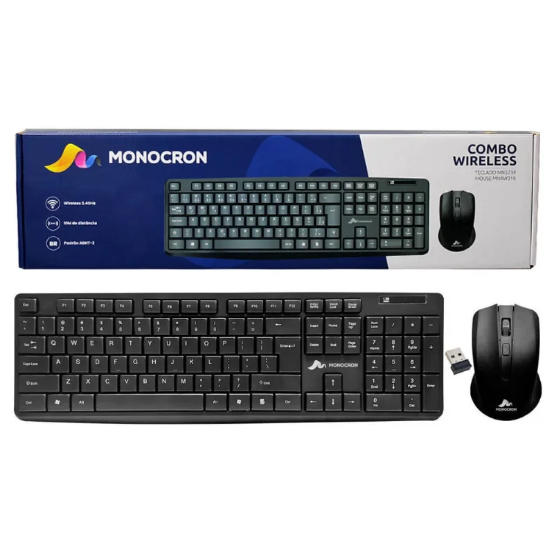 Combo Wireless Teclado + Mouse Sem Fio 2.4Ghz Monocron Preto MN5239 / MN4W310