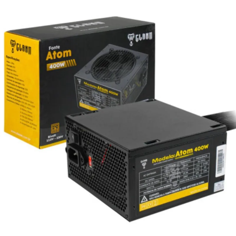 Fonte de Alimentação Gamer Clanm Atom 400W atx 100V/230V Silenciosa Com 5 Cabos Conectores Com Proteção Contra Sobrecarga