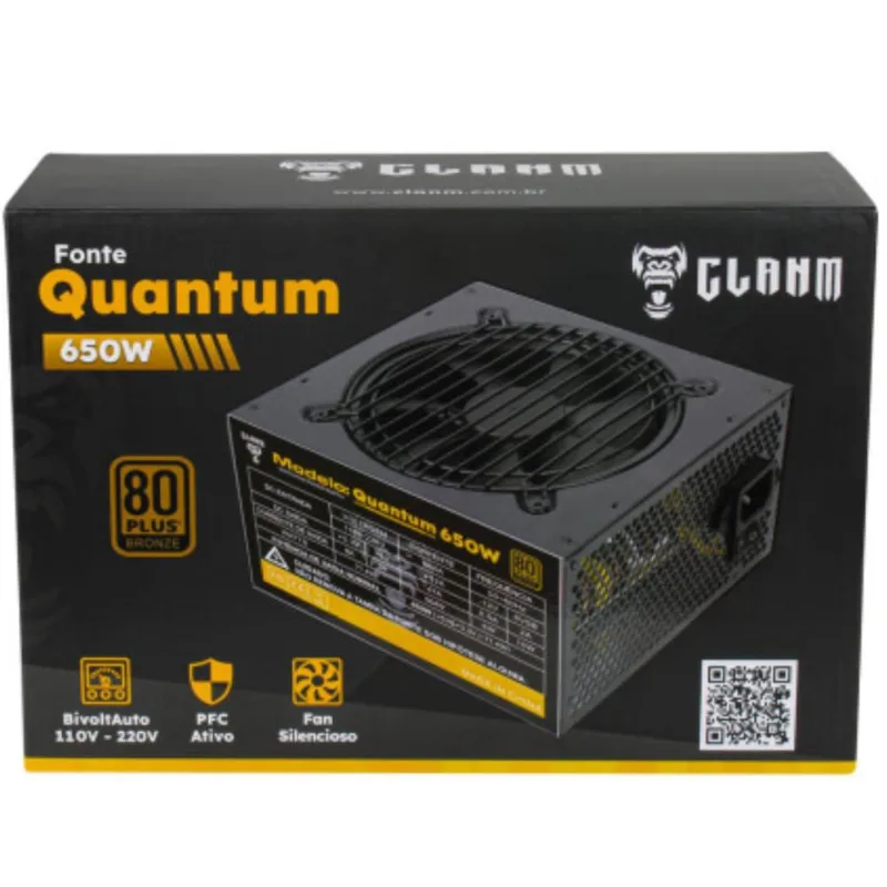 Fonte de Alimentação Gamer Clanm Quantum 650W atx 100V/230V Silenciosa Com 7 Cabos Conectores Com Proteção Contra Sobrecarga
