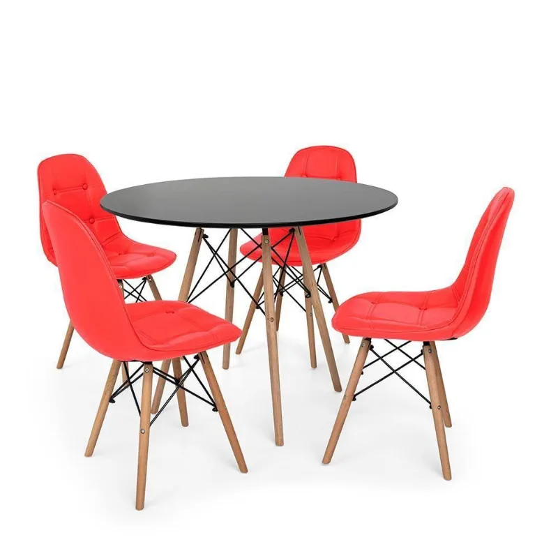 Conjunto Mesa Eiffel Preta 120cm 4 Cadeiras Vermelha